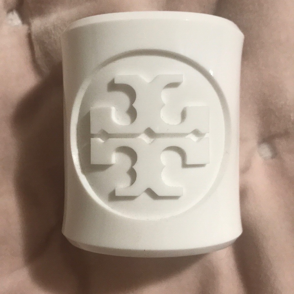 Tory Burch White Embossed Logo Cuff Bracelet